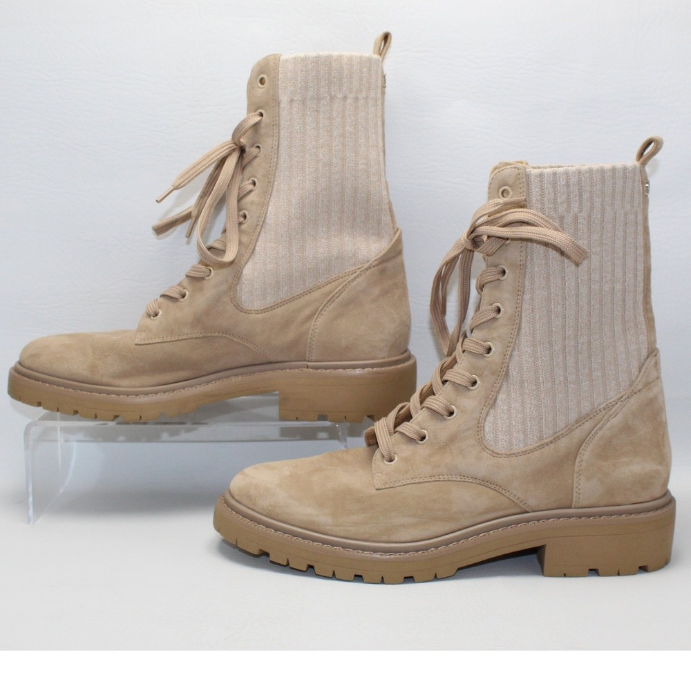 Sam Edelman Lydell Beige Suede Knit Sock Combat Boots Womens 8M Lug Sole Utility - Picture 6 of 10